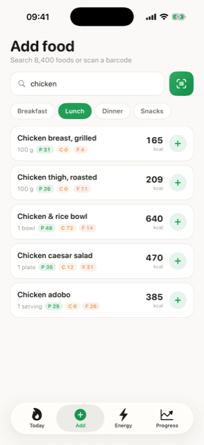 Fuel — Calorie & TDEE tracker · Add food