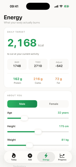 Fuel — Calorie & TDEE tracker · Energy