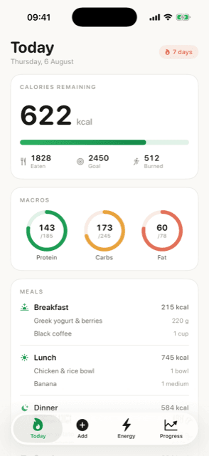 Fuel — Calorie & TDEE tracker · Today