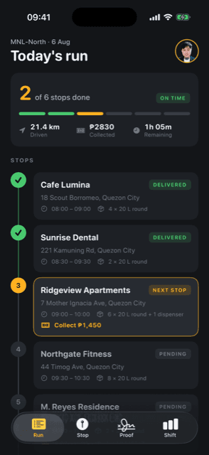 Route — Delivery & proof of delivery · Run