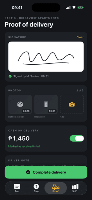 Route — Delivery & proof of delivery · Proof