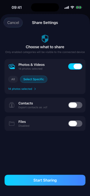 WiFly — iPhone to any computer · Share settings